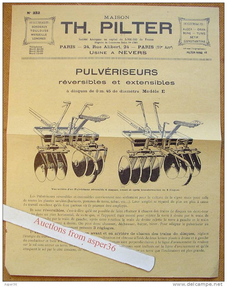 Feuille-réclame "Pulvériseurs Th. Pilter, Nevers Paris" France - Collections