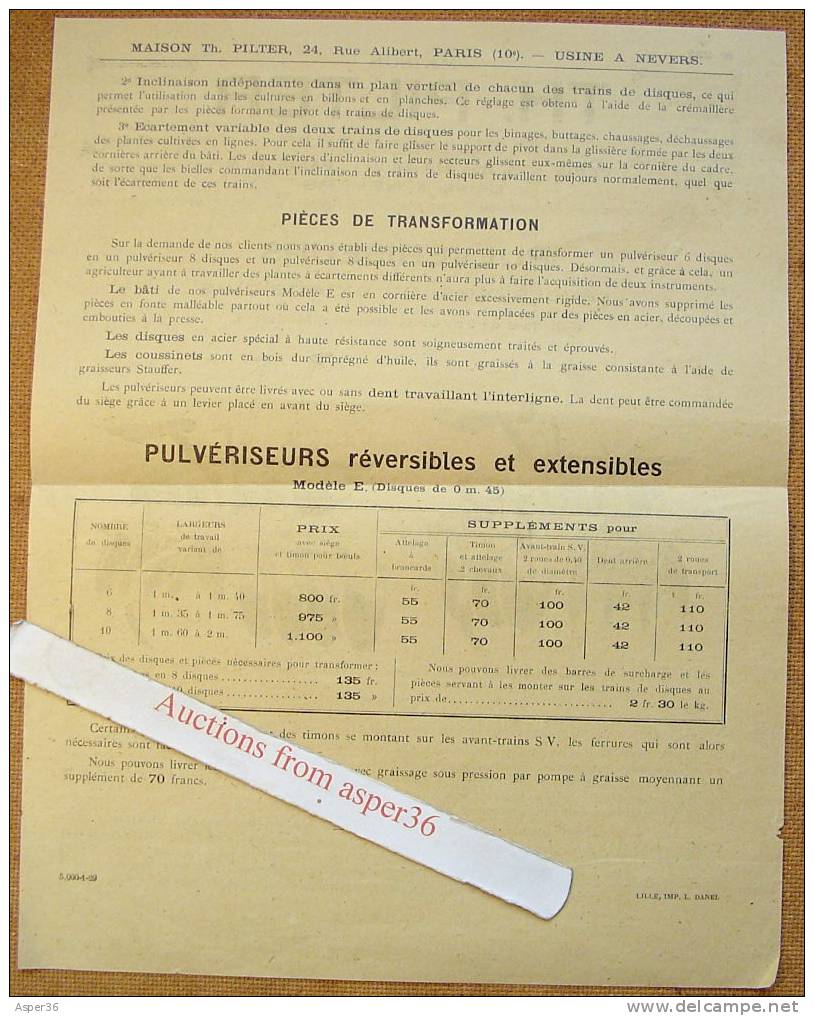 Feuille-réclame "Pulvériseurs Th. Pilter, Nevers Paris" France - Collections