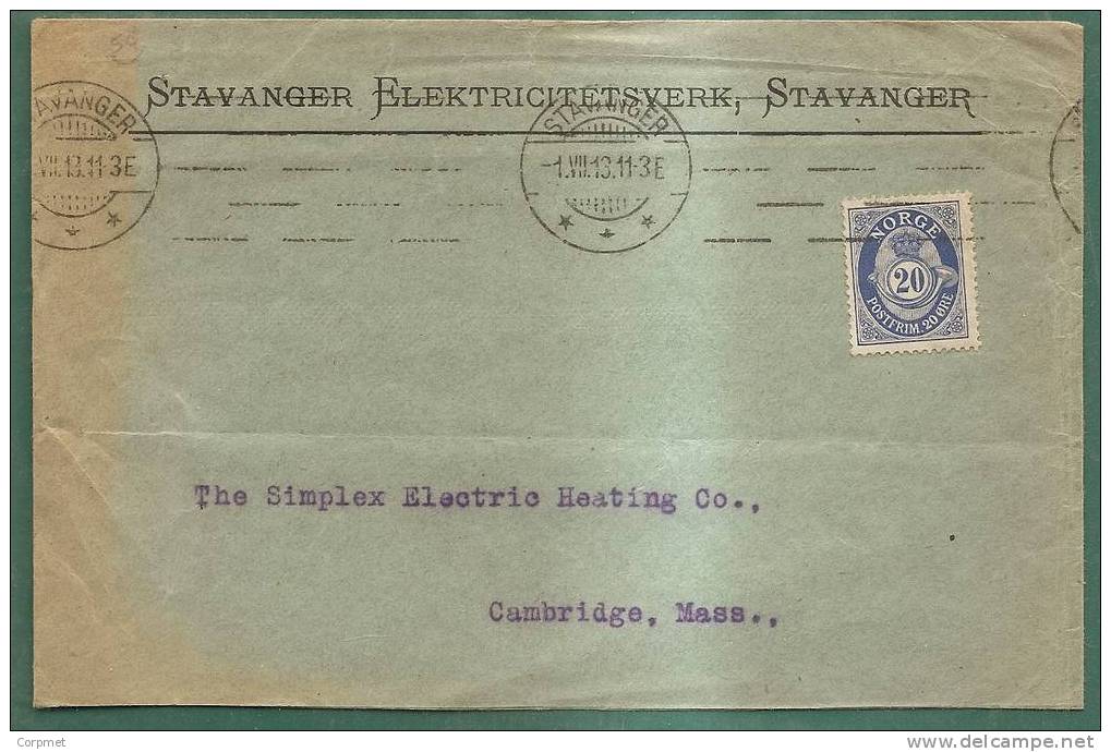 STAVANGER To CAMBRIDGE 1913 COVER From STAVANGER ELEKTRICITETSVERK - Brieven En Documenten