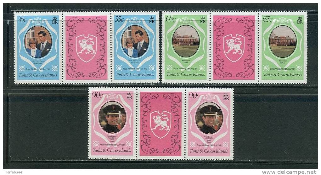 Turks & Caicos  Royal Wedding   Set Of 3  Gutter Pairs  SC# 486-88 MNH** - Turks And Caicos