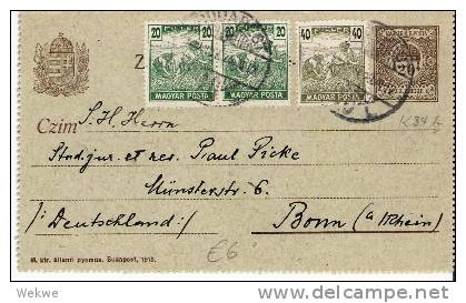 Ung221// - UNGARN -  GA-Stephanskrone K 34 B Mit Schnittermarken 1920, Nach Bonn,  Deutschland - Lettres & Documents