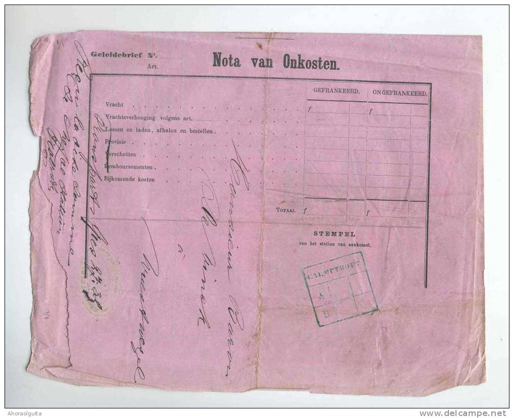 906/27 -- Lettre De Voiture Staatsspoor NL BERGEN OP ZOOM Vers Cachet Privé De Gare CALMPTHOUT 1872 - RARISSIME - Nord Belge