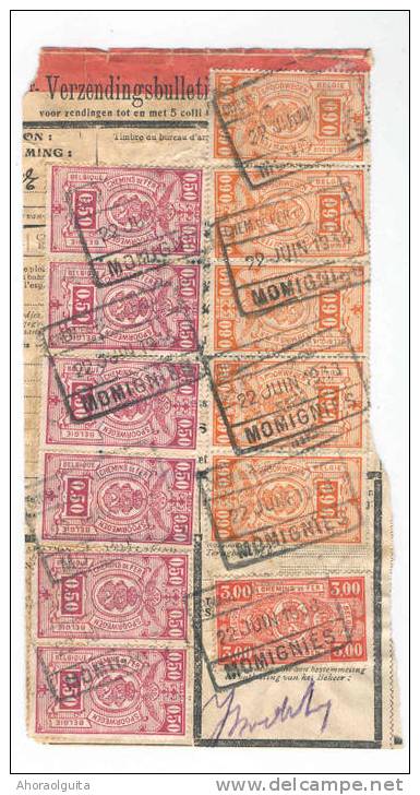 Fragment 12 Timbres CF Cachets De Gare MOMIGNIES 1938 Ligne Privée Chemin De Fer De CHIMAY   --  8/657 - Nord Belge