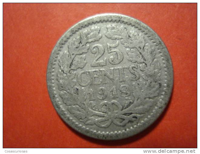 9258  NETHERLANDS HOLANDA HOLLAND   25 CENTS   SILVER COIN     AÑO / YEAR  1918  BC / FINE - 25 Centavos