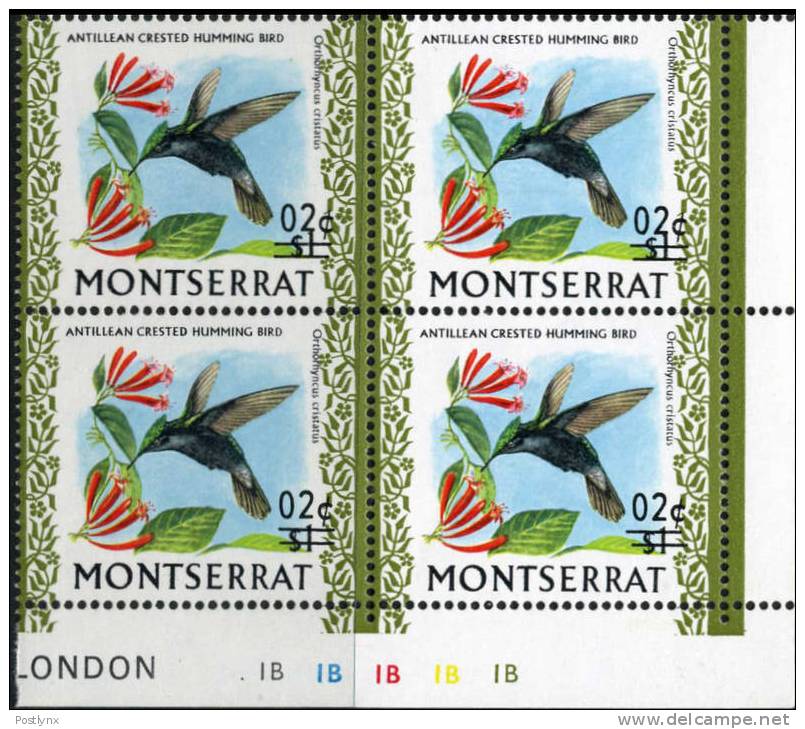 MONTSERRAT 1974, Bird /2c On $1/ Hummingbird Colibri Antillean Crested ERROR:shift Ovpt.4-BLOCK CORNER - Colibríes