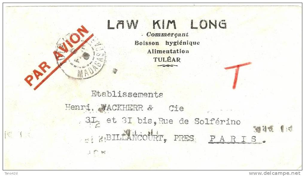 REF LPU4 - MADAGASCAR LETTRE TULEAR / BILLANCOURT NOVEMBRE 1946 - Brieven En Documenten