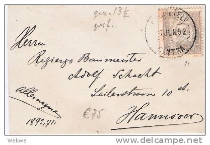 POR024 - PORTUGAL -  /Carlos I, 50 Reis 1892 Nach Hannover (Frühverwendung) - Cartas & Documentos