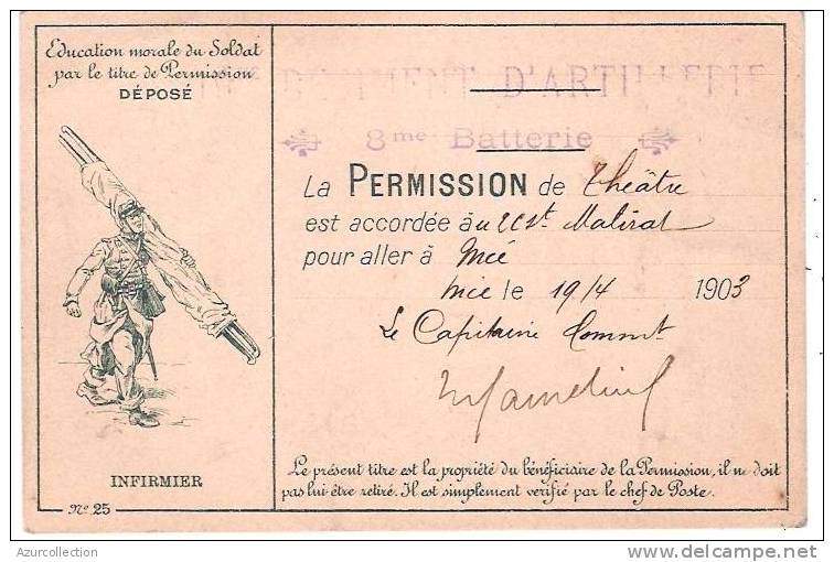 PERMISSION ILLUSTREE DU 19 EM REG D´ ARTILLERIE - Historische Dokumente