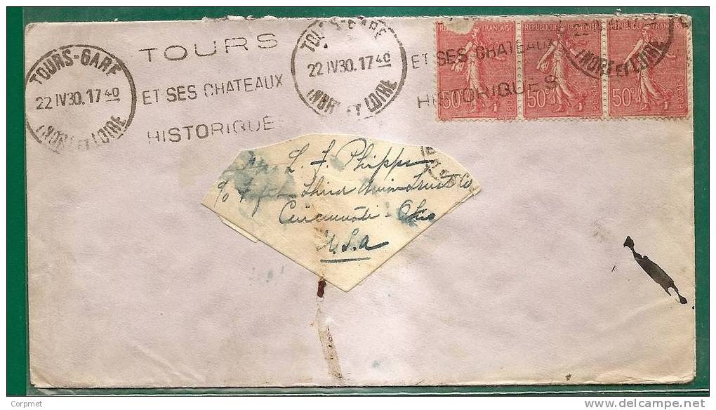 FRANCE - VF And INTERESTING COVER - TOURS To OHIO - Trio Of  SEMEUSE LIGNÉE - Yvert  # 199 (1 Stamp Damaged) - Lettres & Documents