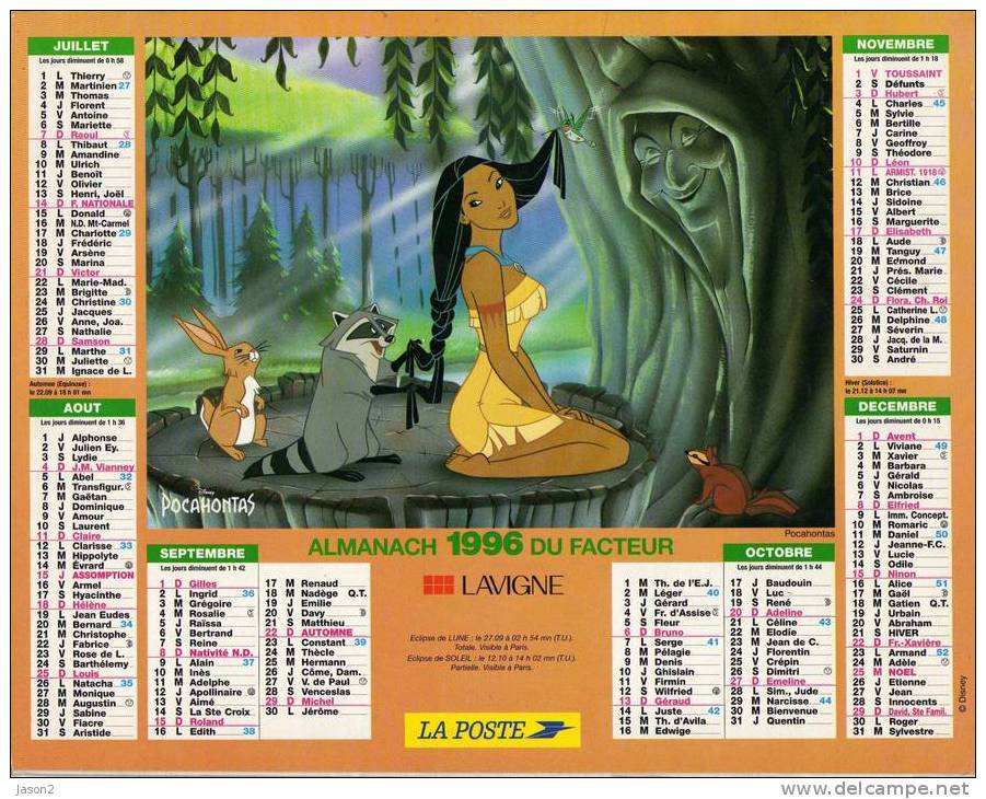 ALMANACH  1996 Du Facteur Lavigne Pocahontas  Les 101  Dalmatiens Dep 78 - Tamaño Grande : 1991-00