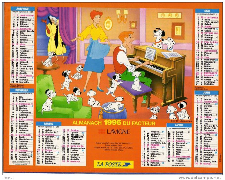 ALMANACH  1996 Du Facteur Lavigne Pocahontas  Les 101  Dalmatiens Dep 78 - Grand Format : 1991-00