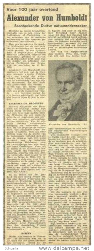 Oud Krantenknipsel 1959 Volksgazet - Voor 100 Jaar Overleed Alexander Von Humboldt - Baanbrekende Duitse Natuuronderzoek - Autres & Non Classés