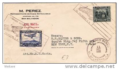 Sal054/  EL SALVADOR - Luftpost, Flugzeug Im Stempel 1931, Nach NY - El Salvador