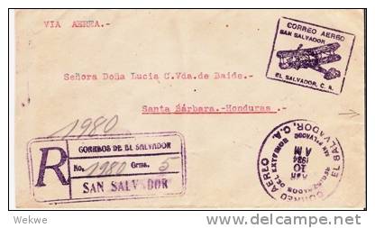 Sal059/  EL SALVADOR - Luftpost, Einschreiben 1934, Grammangabe Im Stempel - El Salvador