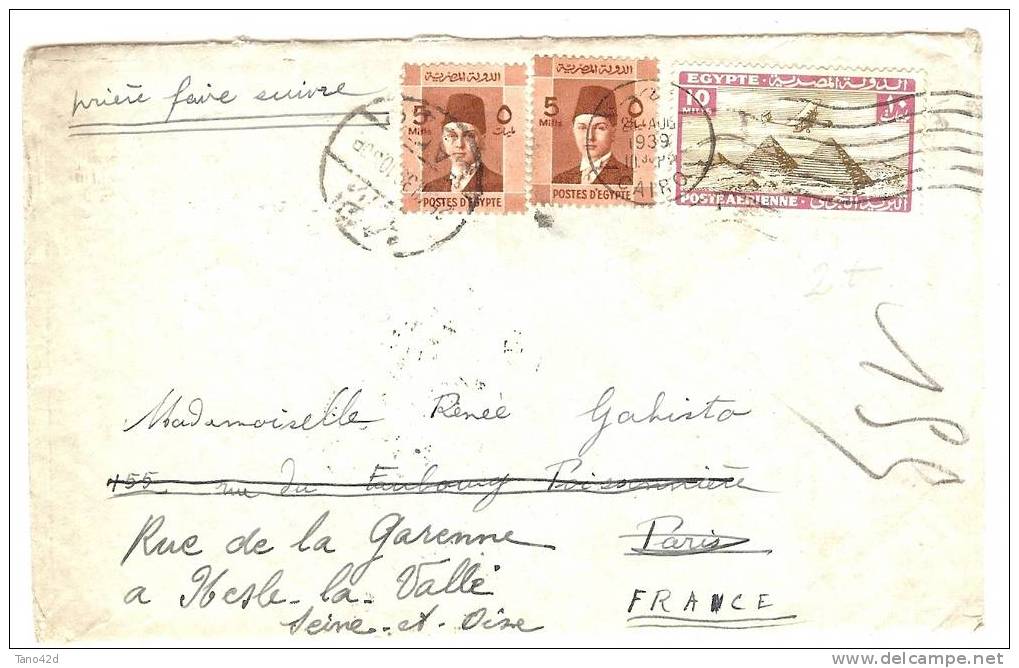 REF LPU4 - EGYPTE LETTRE AVION LE CAIRE / PARIS AOUT 1939 - Autres & Non Classés