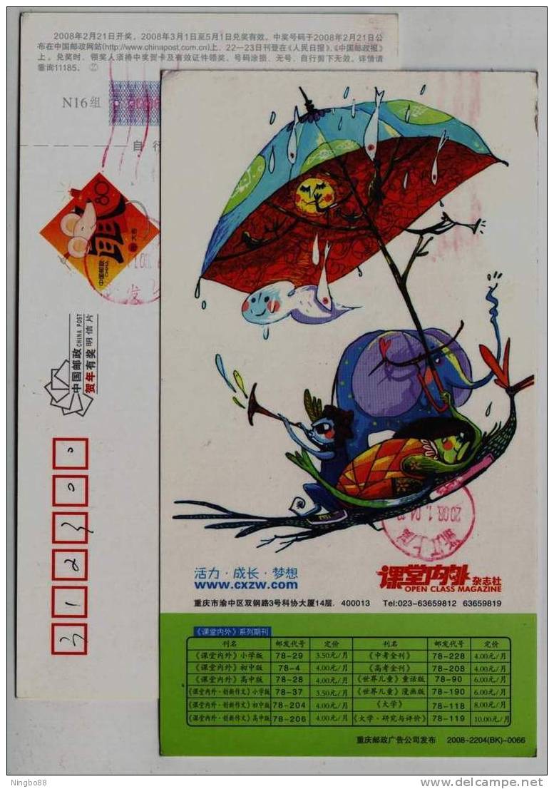 Cartoon Elephant,umbrella,China 2008 Open Class Magazine Advertising Pre-stamped Card - Elefantes