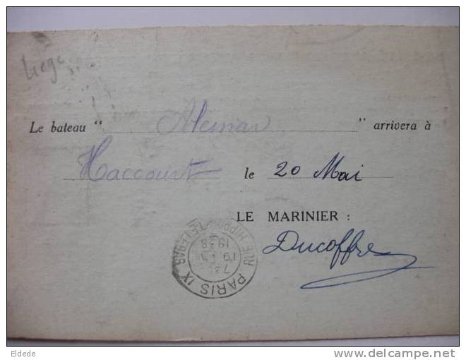 Haccourt 1938 Batellerie Peniche "Aleman" Timbrée Givet Ardennes Daguin  Timb. Gambetta - Lettres & Documents