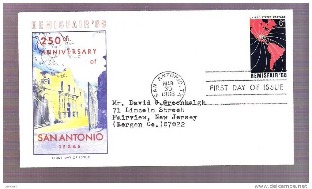 FDC HEMISFAIR'68 - San Antonio, Texas 1968 - Cover By Chickering And Jackson - Scott # 1340 - 1961-1970