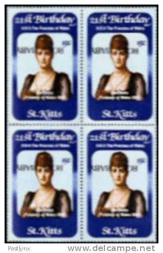 ST. KITTS 1982 Diana 15c Ovpt:ROYAL BABY. INVERTED OVERPRINT.4-BLOCK - St.Kitts-et-Nevis ( 1983-...)