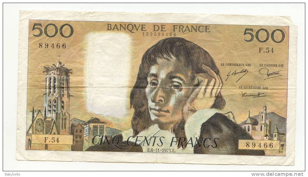 BILLET DE 500 FRANCS PASCAL DU E 6. 11-1975 E  F.54 - 500 F 1968-1993 ''Pascal''