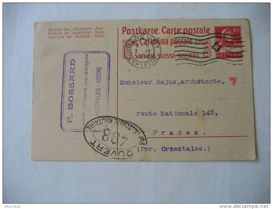 MARCOPHILIE LETTRE ENTIER POSTAUX-DE SUISSE- GENEVE-CENSURE - OUVERT PAR - : 3-04-1917  POUR PRADES P.O. 66  FRANCE - Interi Postali