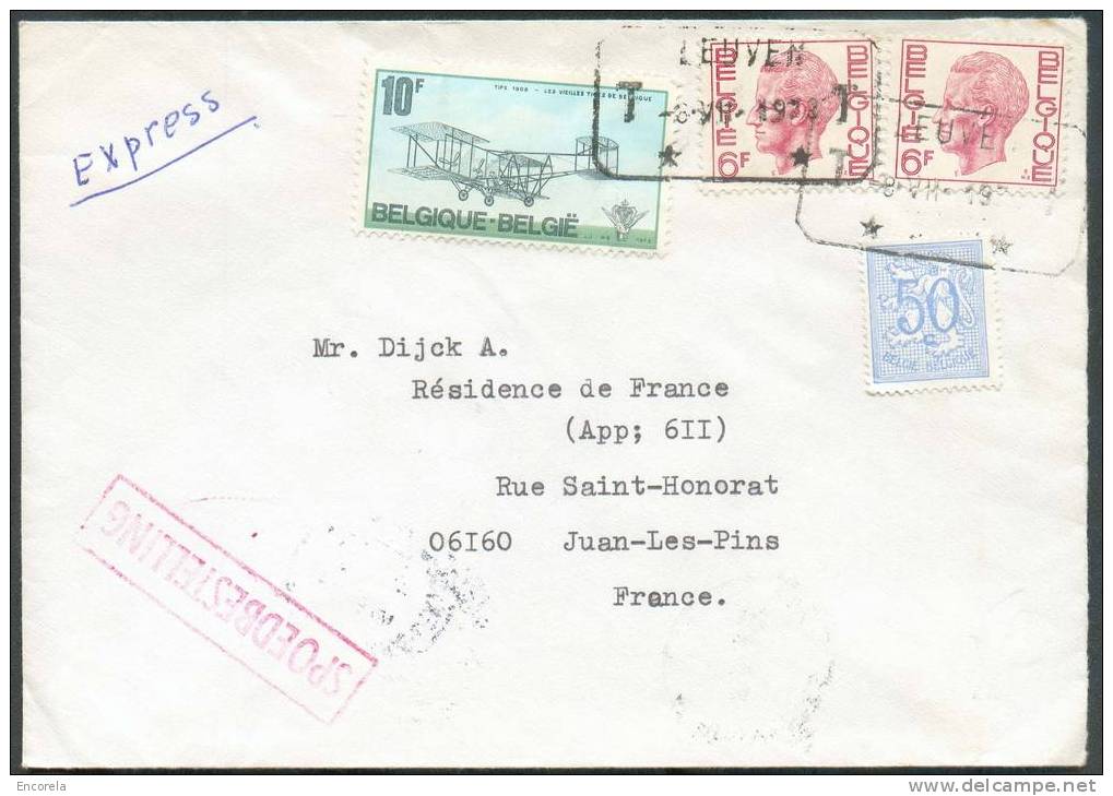 TB Lettre Expres/Spoedbestelling Affr. ELSTROEM à 22Fr.50 Obl. LEUVEN T * T Vers Juan -les-Pins.  TB - 3589 - Storia Postale