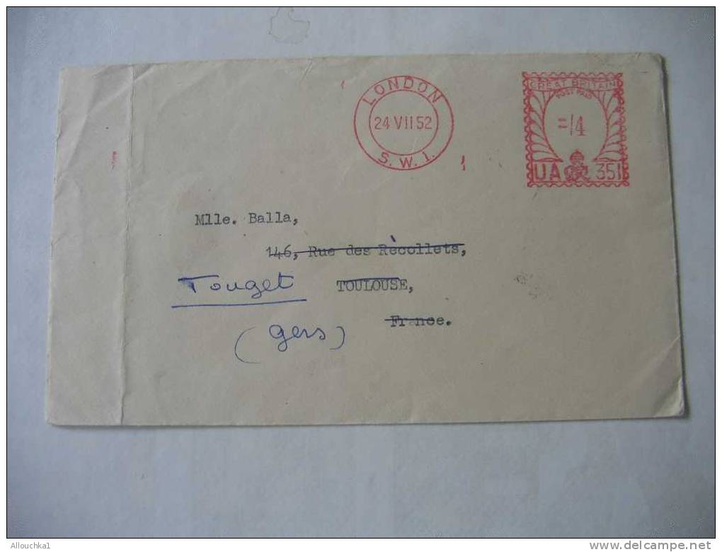 MARCOPHILIE  LETTRE: MACHINE A AFFRANCHIR UA-351 DE LONDON  -ROYAUME UNI :POUR TOUGET GERS -: FRANCE 1952 -REEXPEDITION - Postmark Collection