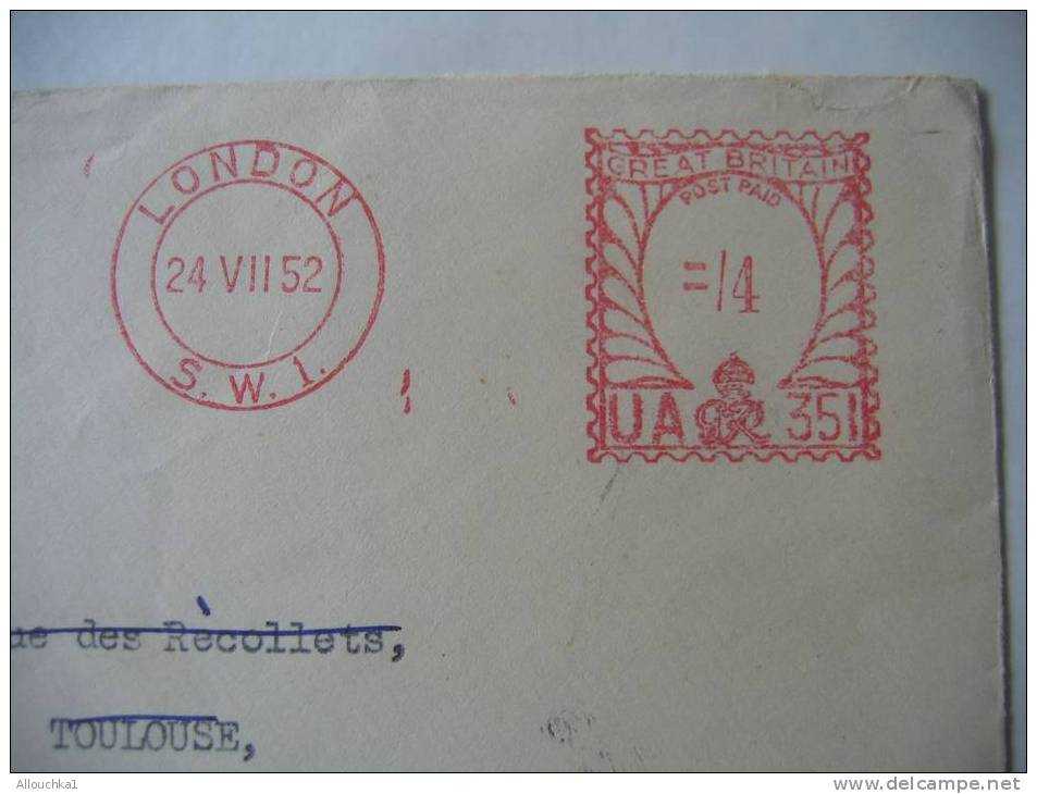 MARCOPHILIE  LETTRE: MACHINE A AFFRANCHIR UA-351 DE LONDON  -ROYAUME UNI :POUR TOUGET GERS -: FRANCE 1952 -REEXPEDITION - Postmark Collection