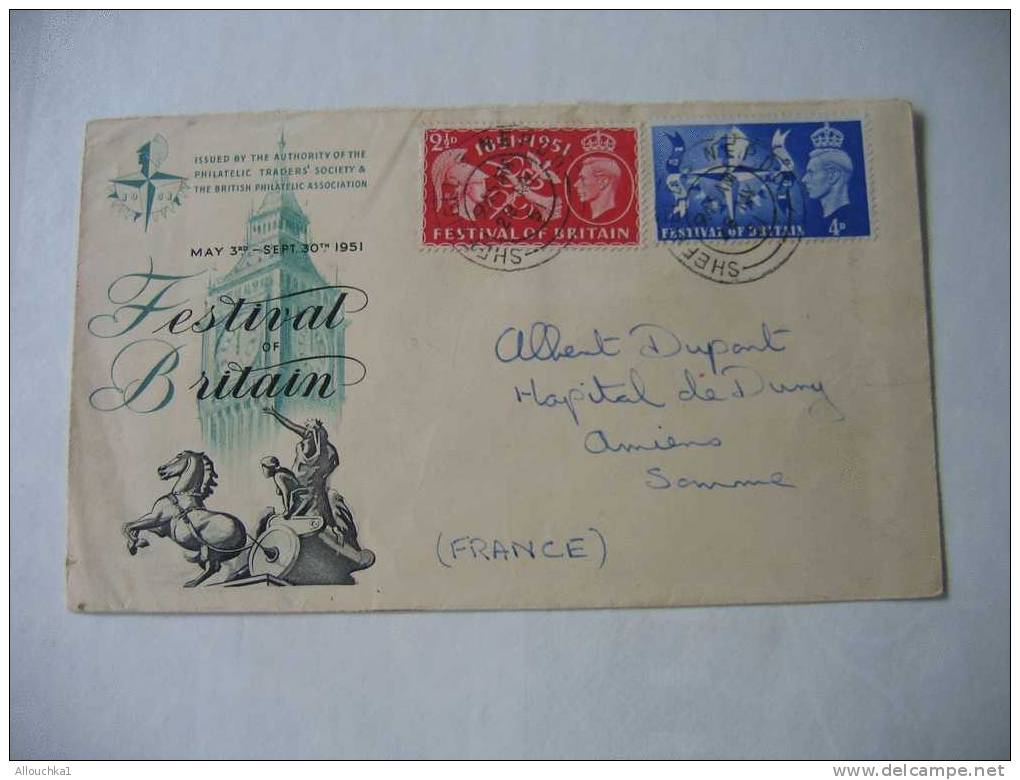 MARCOPHILIE  LETTRE:DE SHEFIELD -ROYAUME UNI : 30-9-1951 POSTAGE REVENUE FESTIVAL BRITAIN-ISSUED BY AUTHORITY PHILATELIC - Postmark Collection