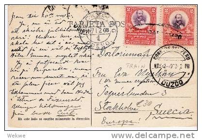 Per026/  PERU - Bahnpost Ex Parpa Calla 1908 Nach Schweden. AK Lama-Transport. - Peru