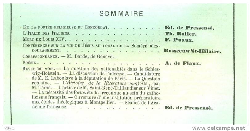 "Revue Chrétienne" (n° 2, Février 1864) : Concordat, L'Italie Des Italiens, Mort De Louis XIV, Vie De Jésus... - 1801-1900