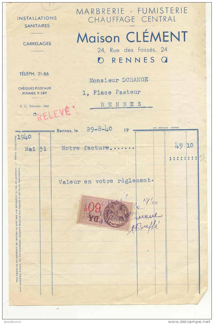 FF55 - Rennes (35) Marbrerie Fumisterie Chauffage . Clément 24 Rue Des Fossés . 1940 - Autres & Non Classés