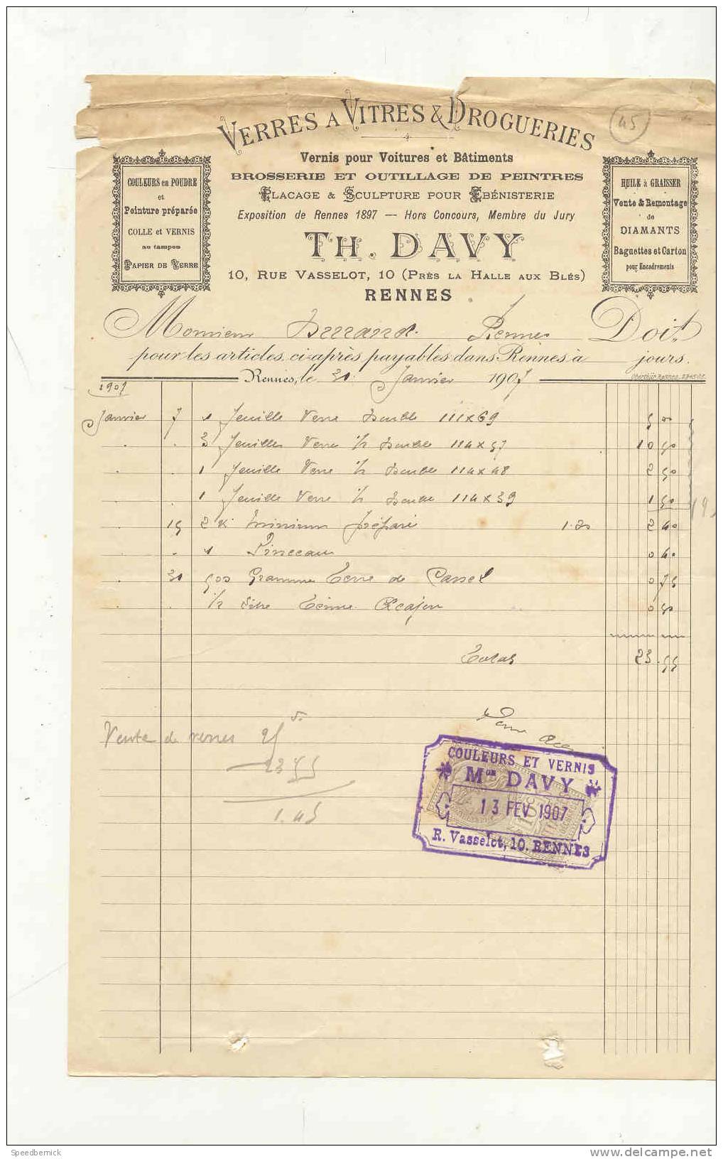 FF45- Rennes (35) . Verres à Vitres Drogueries Davy, 10 Rue Vasselot . 1907 - Autres & Non Classés