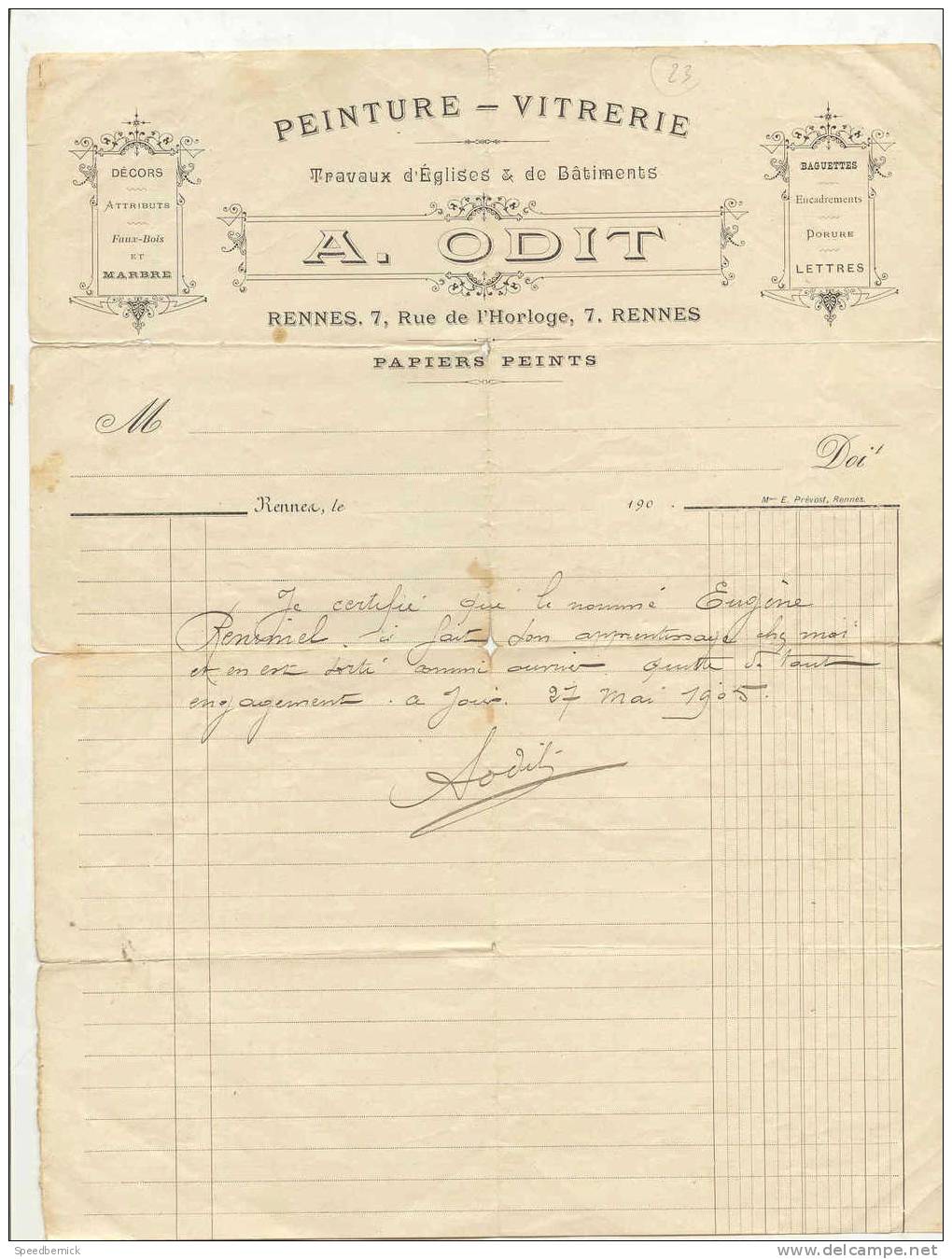 FF23- Peinture Vitrerie, Travaux D'église, ODIT, 7 Rue Horloge, Rennes 35 . Certificat Fin Apprentissage Renimiel - Autres & Non Classés