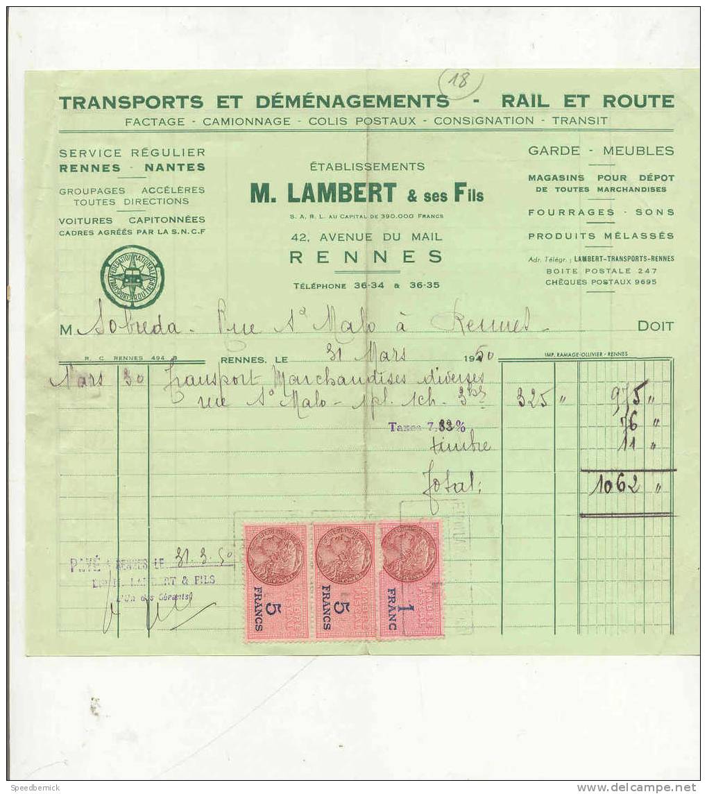 FF18- Transports Déménagements , Lambert 42 Av Du Mail , Rennes 1950 - Sport & Tourismus