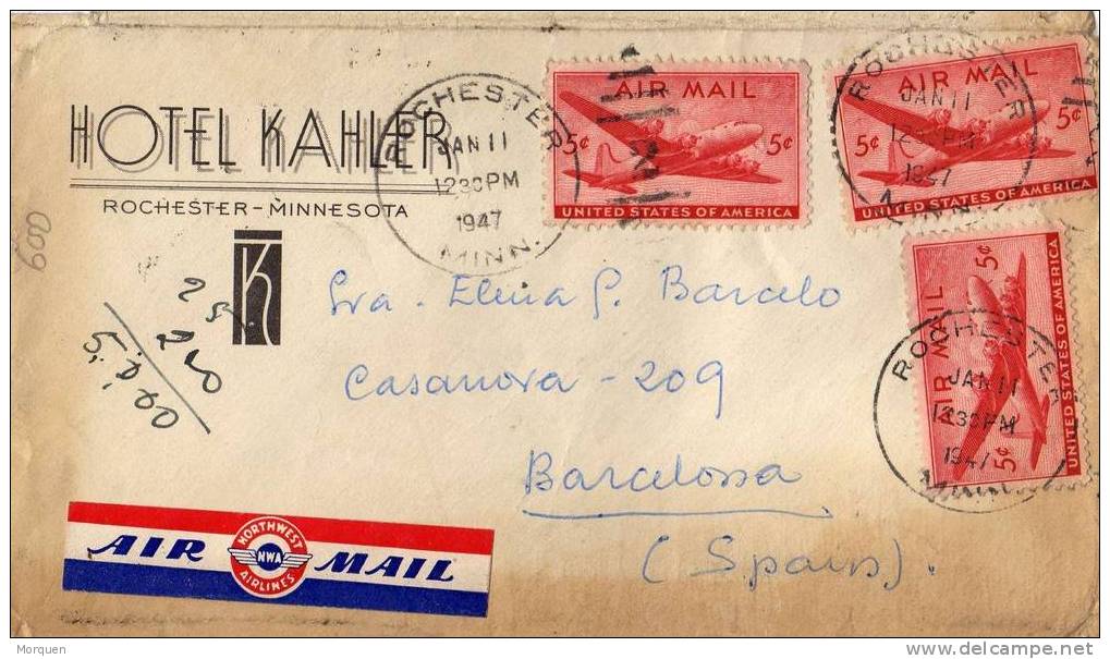 1039. Carta Aerea ROCHESTER 1947 A España - Storia Postale
