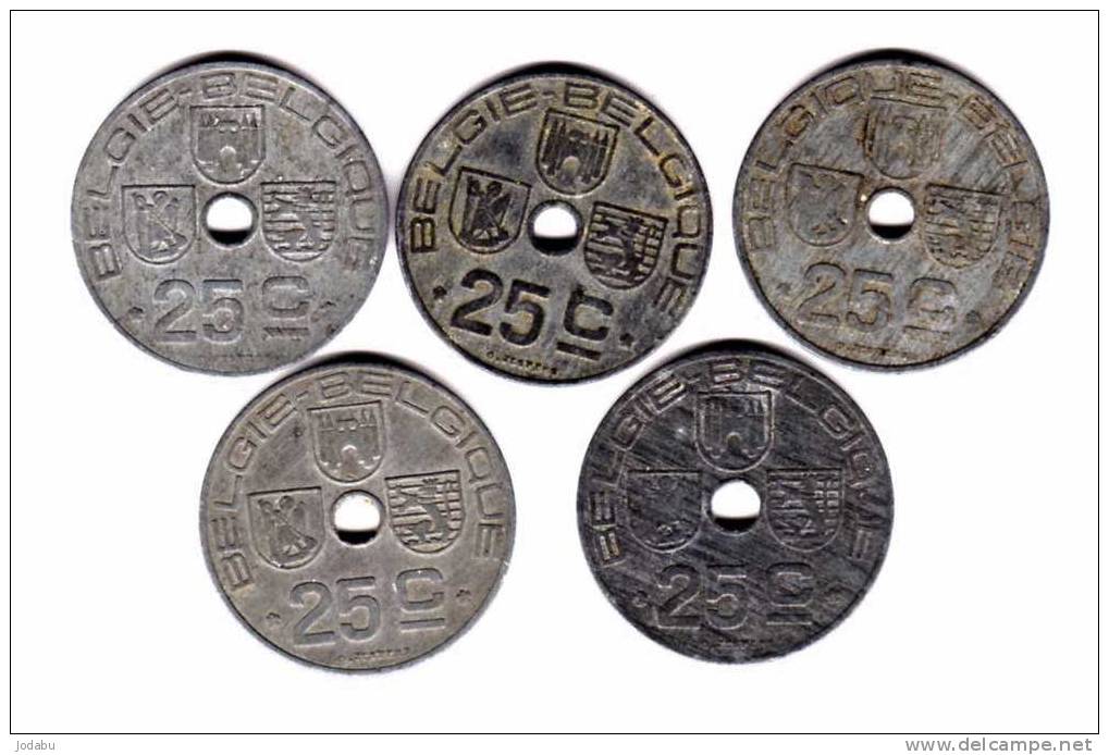 5 Piéces De 25 Centimes 1942-1943-1944-1945-1946  Belgique - 25 Cents