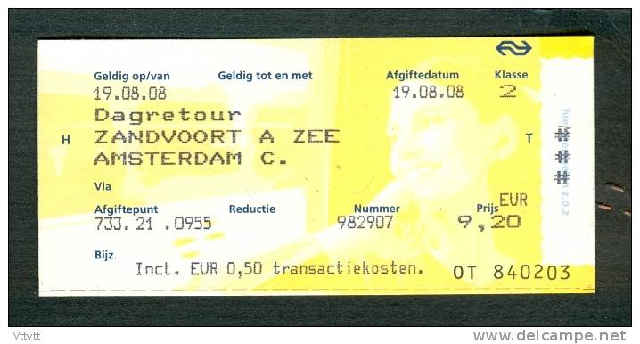 Ticket (billete, Biglietto, Kaartze) Train (zug, Tren, Treno) : Zandvoort A Zee - Amsterdam A.R. (Hollande, Pays-Bas) - Europa