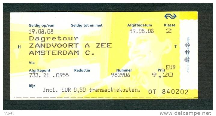 Ticket (billete, Biglietto, Kaartze) Train (zug, Tren, Treno) : Zandvoort A Zee - Amsterdam A.R. (Hollande, Pays-Bas) - Europa