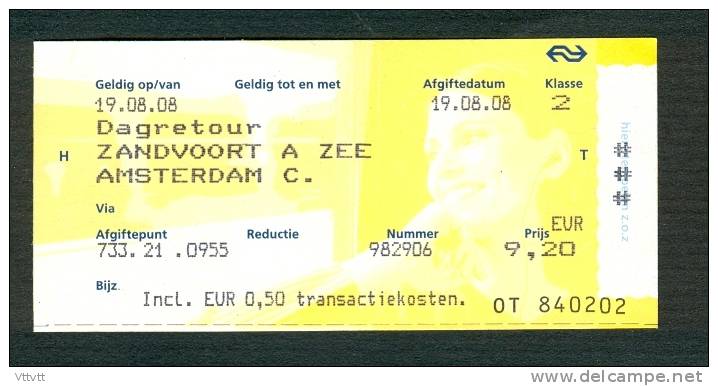 Ticket (billete, Biglietto, Kaartze) Train (zug, Tren, Treno) : Zandvoort A Zee - Amsterdam A.R. (Hollande, Pays-Bas) - Europe