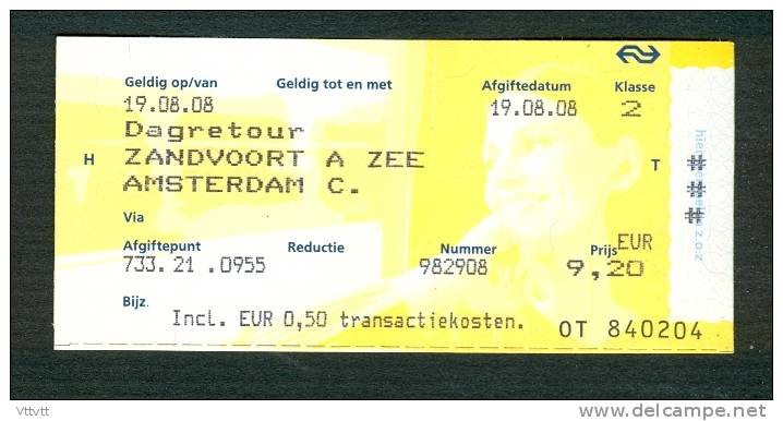 Ticket (billete, Biglietto, Kaartze) Train (zug, Tren, Treno) : Zandvoort A Zee - Amsterdam A.R. (Hollande, Pays-Bas) - Europe