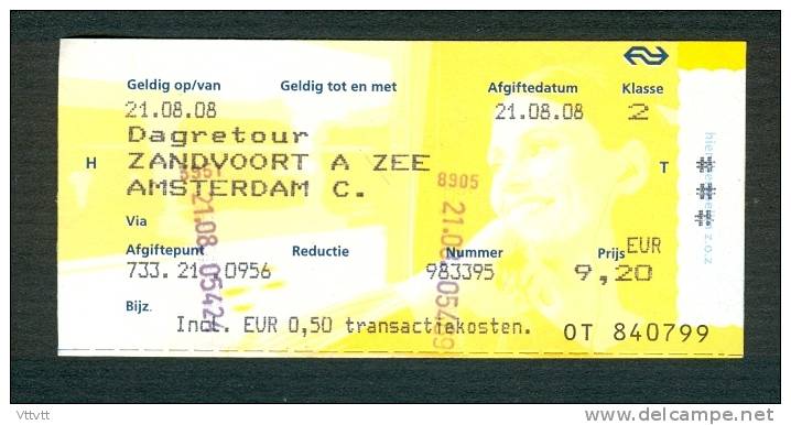 Ticket (billete, Biglietto, Kaartze) Train (zug, Tren, Treno) : Zandvoort A Zee - Amsterdam A.R. (Hollande, Pays-Bas) - Europe