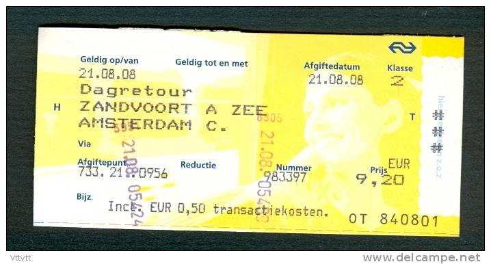 Ticket (billete, Biglietto, Kaartze) Train (zug, Tren, Treno) : Zandvoort A Zee - Amsterdam A.R. (Hollande, Pays-Bas) - Europe