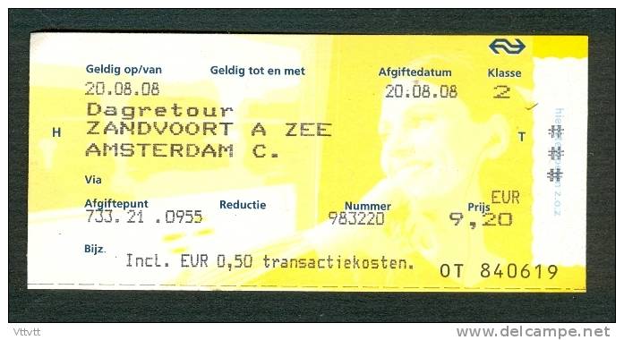 Ticket (billete, Biglietto, Kaartze) Train (zug, Tren, Treno) : Zandvoort A Zee - Amsterdam A.R. (Hollande, Pays-Bas) - Europe