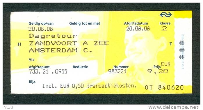 Ticket (billete, Biglietto, Kaartze) Train (zug, Tren, Treno) : Zandvoort A Zee - Amsterdam A.R. (Hollande, Pays-Bas) - Europe