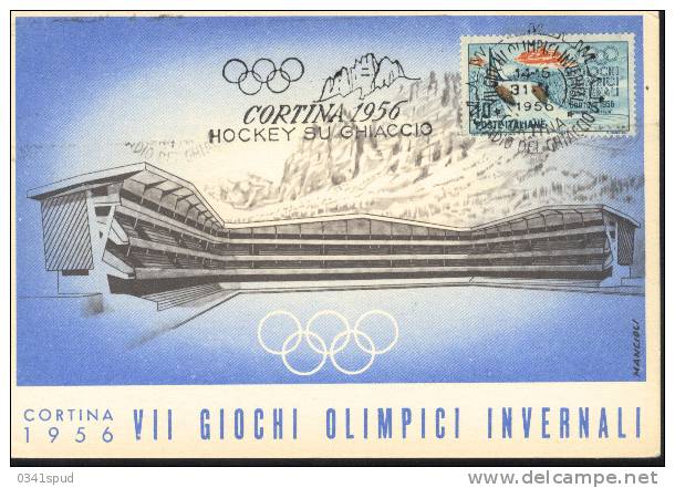 Jeux Olympiques 1956  Cortina   Ice Hockey Sur Glace Hockey Su Ghiaccio Sur Carte Officielle - Invierno 1956: Cortina D'Ampezzo