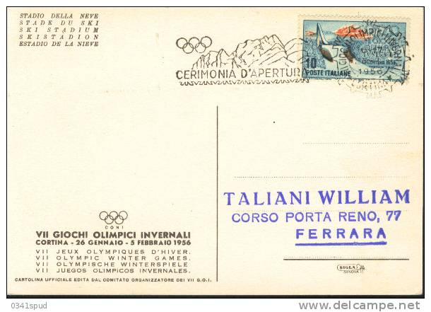 Jeux Olympiques 1956  Cortina  Ouverture Des Jeux  Sur Carte Officielle - Hiver 1956: Cortina D'Ampezzo