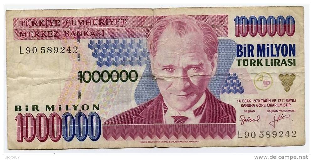 BILLET DE BANQUE TURQUIE 1000000 LIRASI 1970 - Turkey