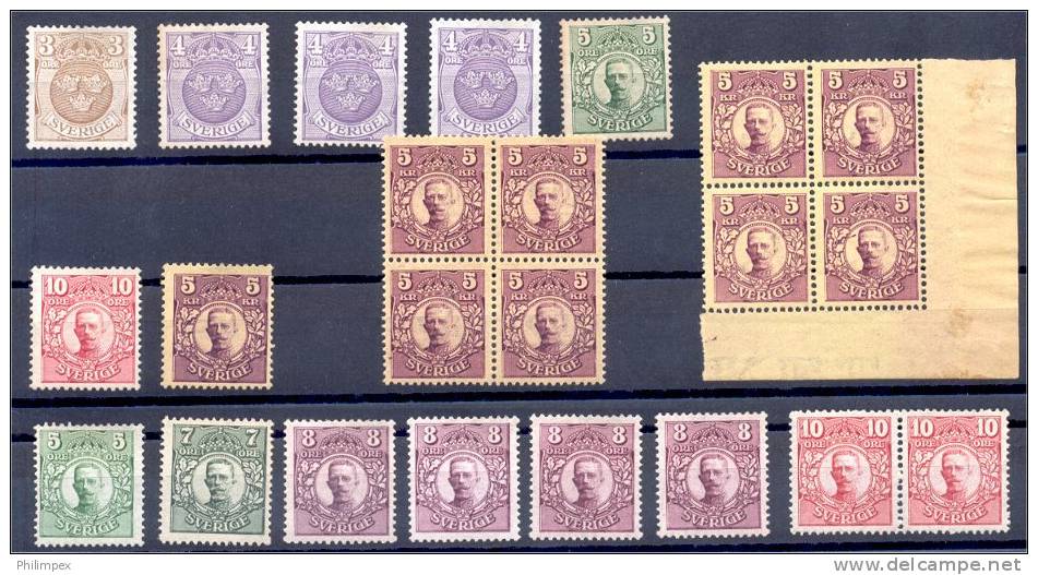 SWEDEN, GROUP ISSUE GUSTAF V, 1910-1914, ALL NEVER HINGED **! - Unused Stamps