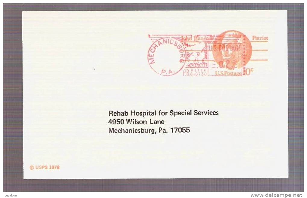 Postal Card - John Hancock - Scott # UX75 With Additional 2 Cent Meter Stamp - 1961-80